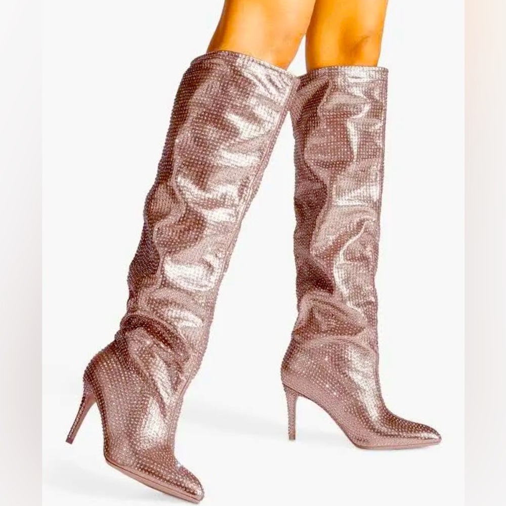 Pink Rhinestone Boots, Knee High, Heeled, Bedazzled